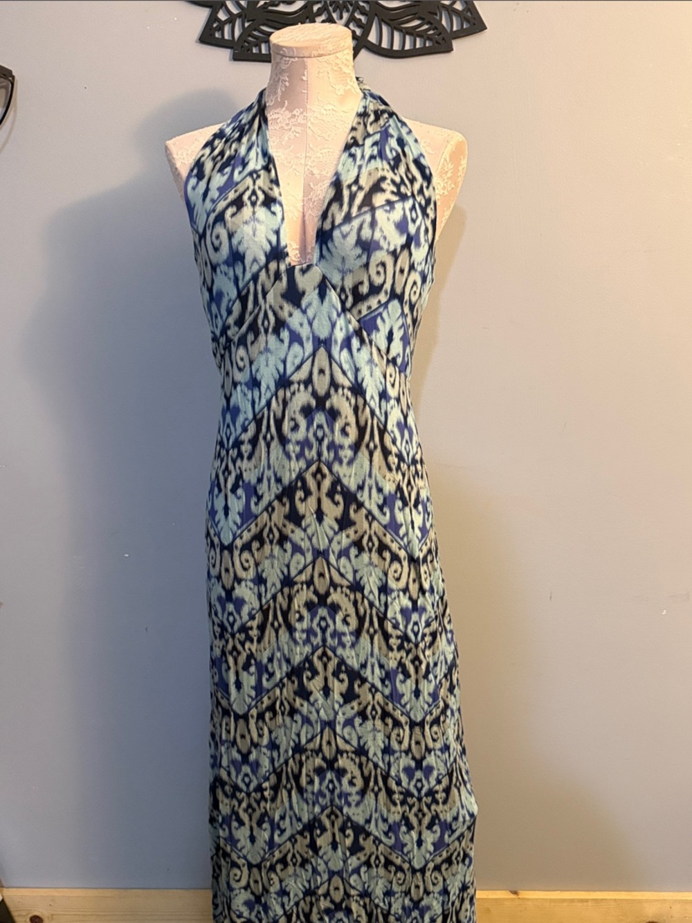 CAbi Blue and Ivory Halter Maxi Dress Small